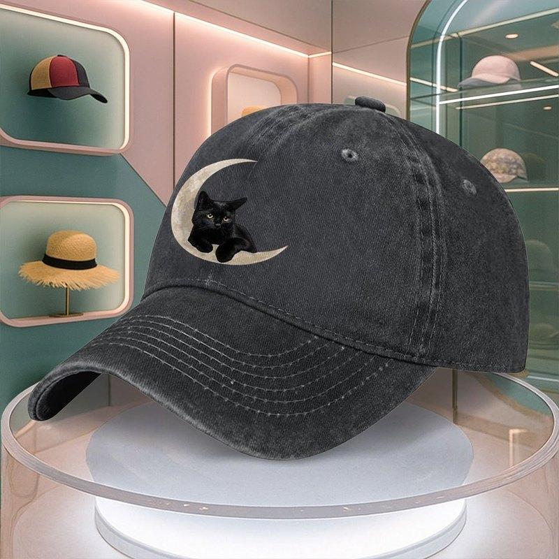 Black Cat Moon Pattern Baseball Cap For Men Women Adjustable Curved Brim Dad Hat Retro Duck Tongue Cap