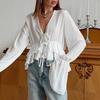 Womens White Chiffon Blouse V-Neck Loose Fit Flared Sleeve Tie Front Elegant Office Wear 2025