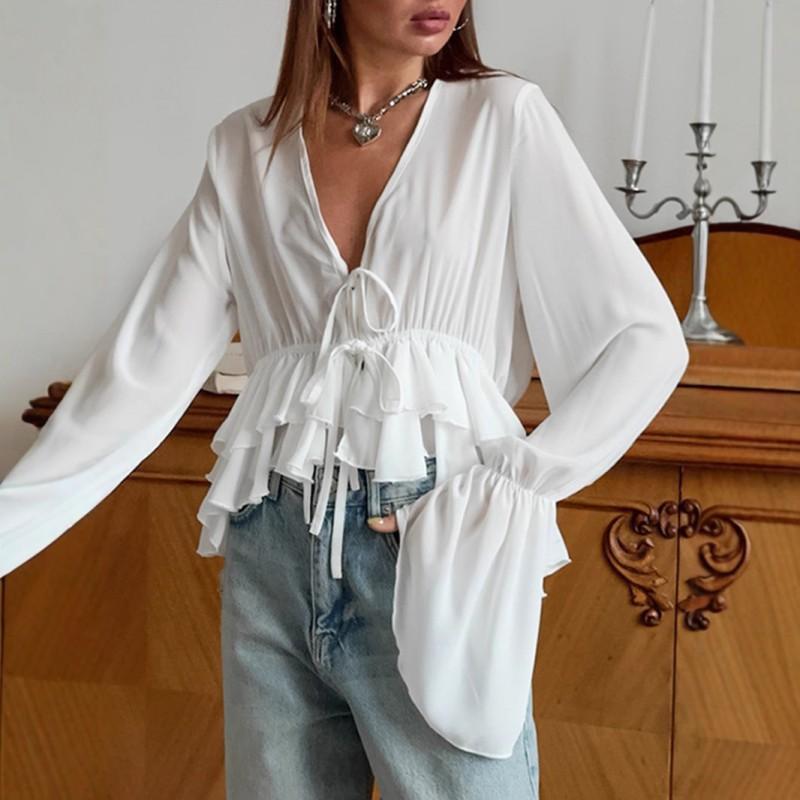 Womens White Chiffon Blouse V-Neck Loose Fit Flared Sleeve Tie Front Elegant Office Wear 2025
