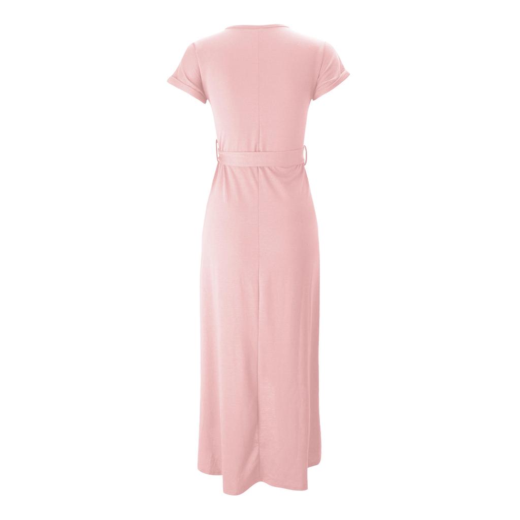 Women Solid Color Turn Back Short Sleeve Round Neck Irregular Dress Minimalist Elegant Slim