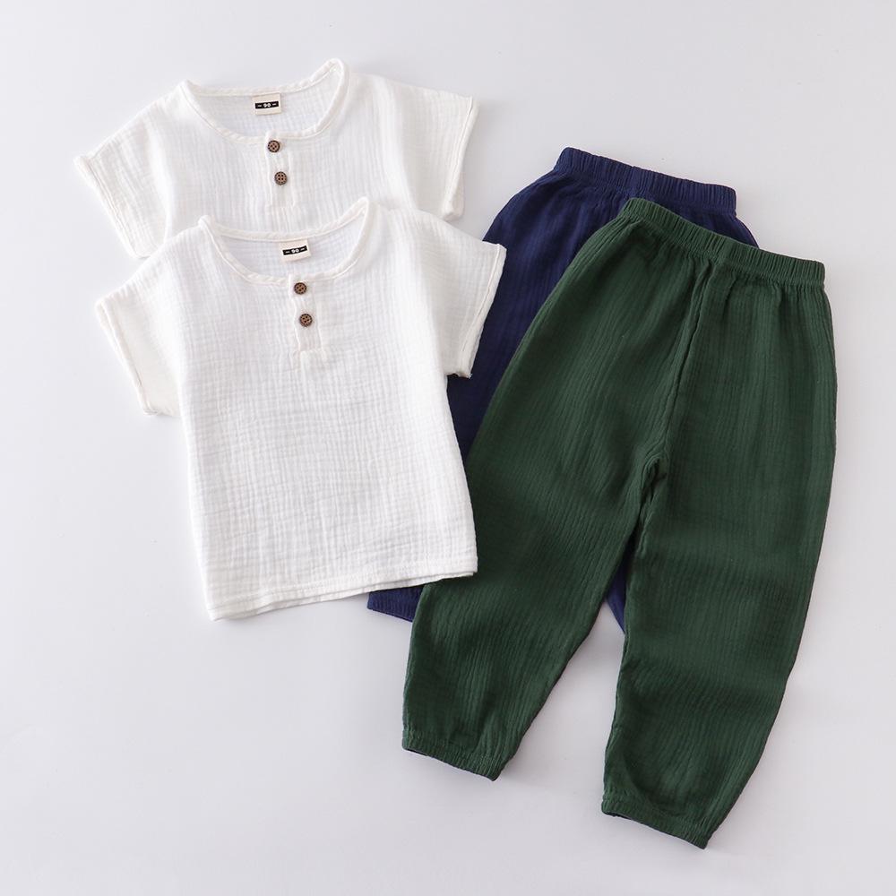 Kids' Summer Cotton Linen Two-Piece Set - Short Sleeve Top & Joggers