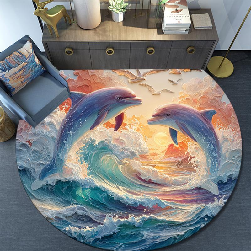 Dolphins Round Area Rug,Carpet Rug for Living Room Bedroom Sofa Playroom Decor,Non-slip Floor Mat
