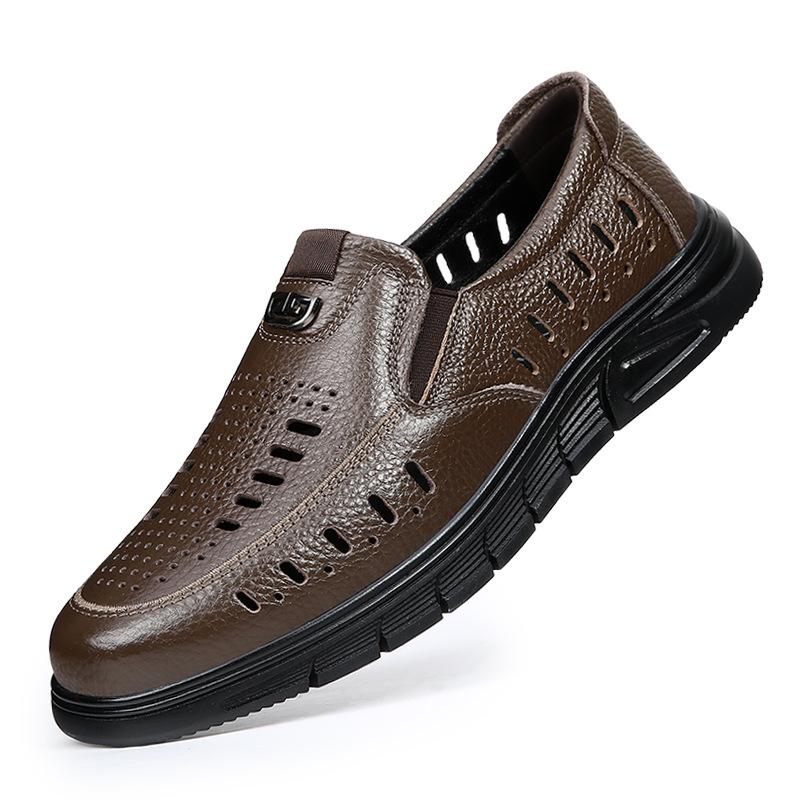 

Leather sandals men s father summer breathable hollow hole sandals cowhide in the elderly leather soft-soled leather shoes men 44 темно-коричневого