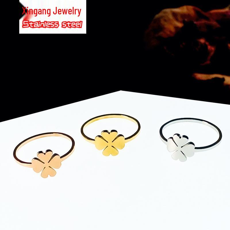 Light Luxury Titanium Steel Four-Leaf Clover Women's Ring - Non-Fading, Korean Hip-Hop Style, Thin Plain Band.