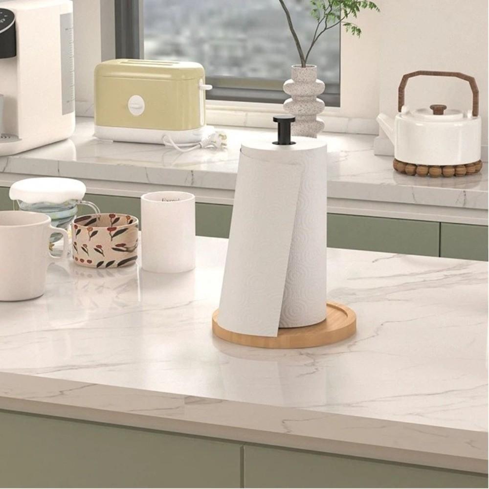 Modern Wooden Base Kitchen Paper Roll Holder Anti-Skid Desktop Cling Film Holder Kitchen Roll Dispenser Home