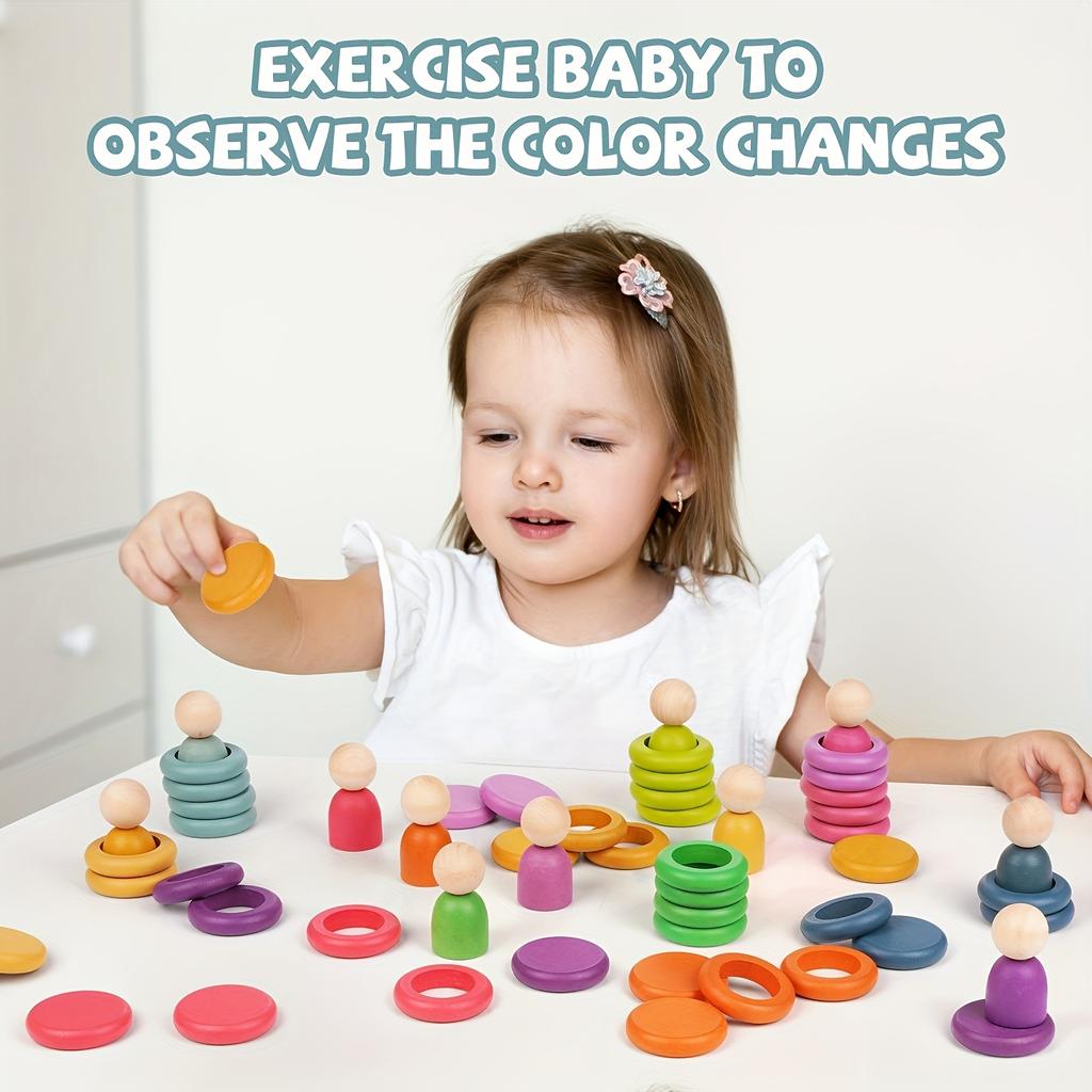Montessori Toys Wooden Color Sorting Stacking Rings Toy Rainbow Peg Dolls Counting Toys Circular Building Blocks for Toddlers