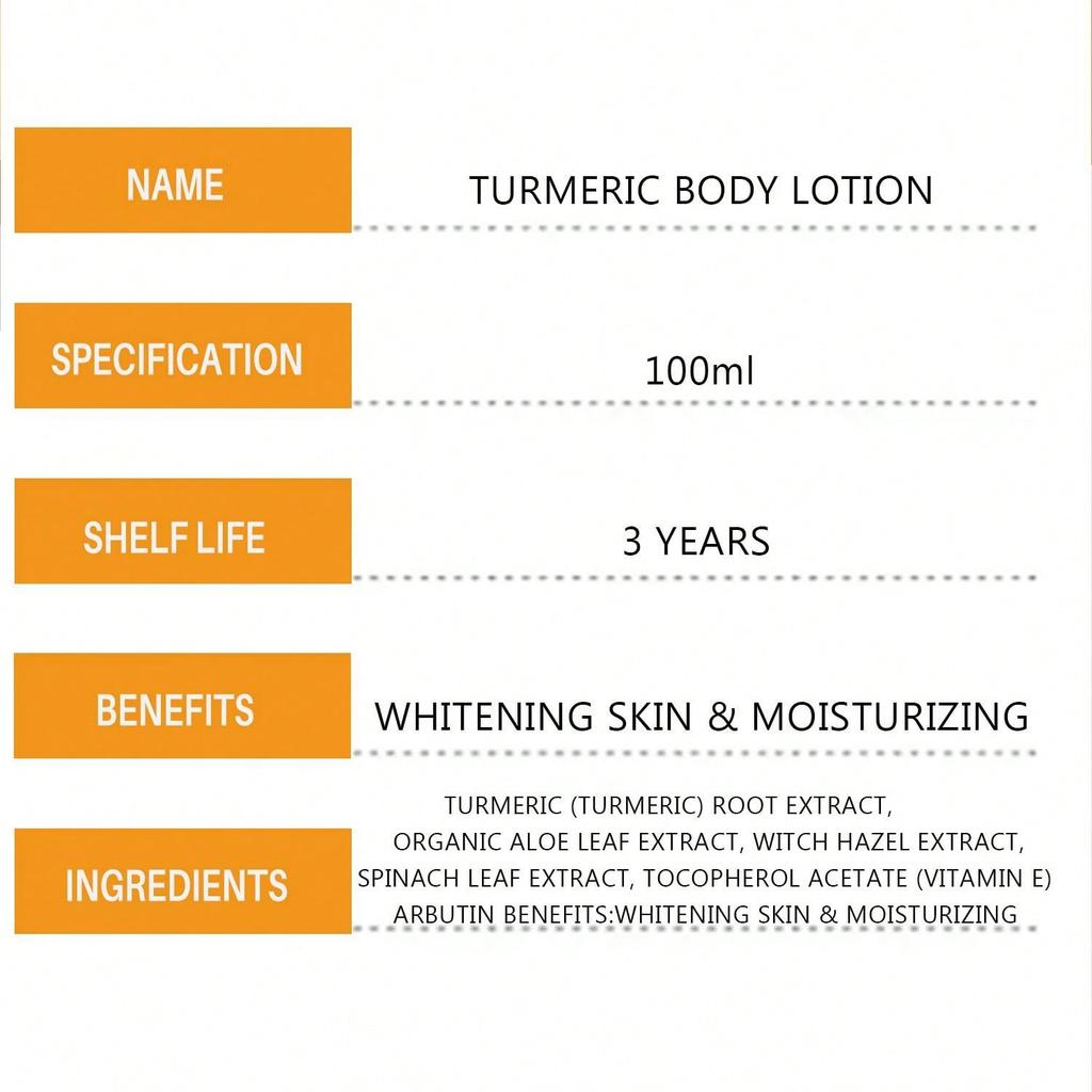 Turmeric body lotion. Brighten and even out skin tone, and improve dullness. Firm the skin and enhance its elasticity.