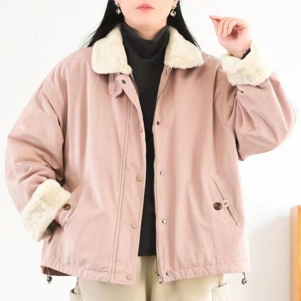 Johnature Women Vintage Warm Winter Coats Solid Color Long Sleeve Zipper Pockets Female Coats