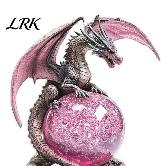 Decorative Figures for Bookshelves 2D Flat Acrylic Dragon Statue, Mystical with Pink Crystal Ball Handmade Fantasy Art Decor on Rock Base, Desktop