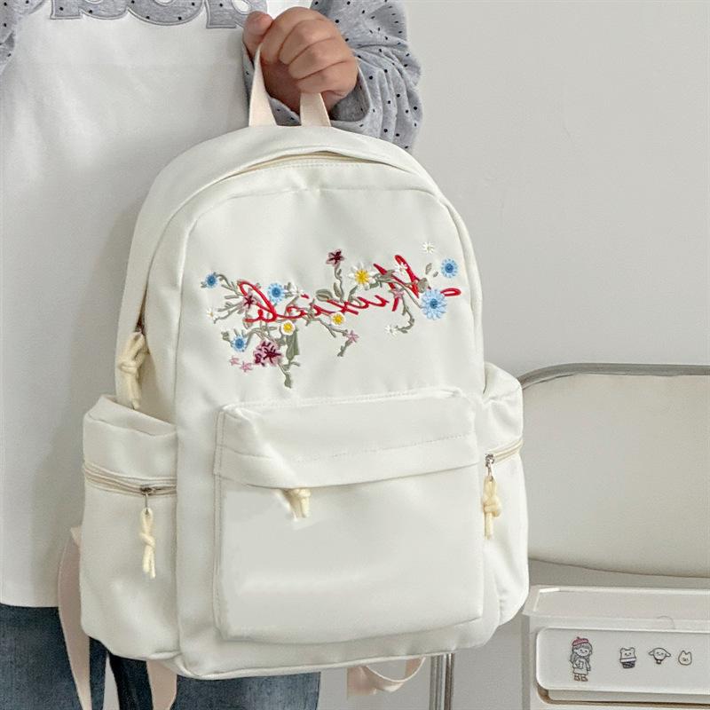 Schoolbag New Embroidered Backpack Female Students Large Capacity Simple Versatile School Bag Junior High School Student Lightweight Backpack