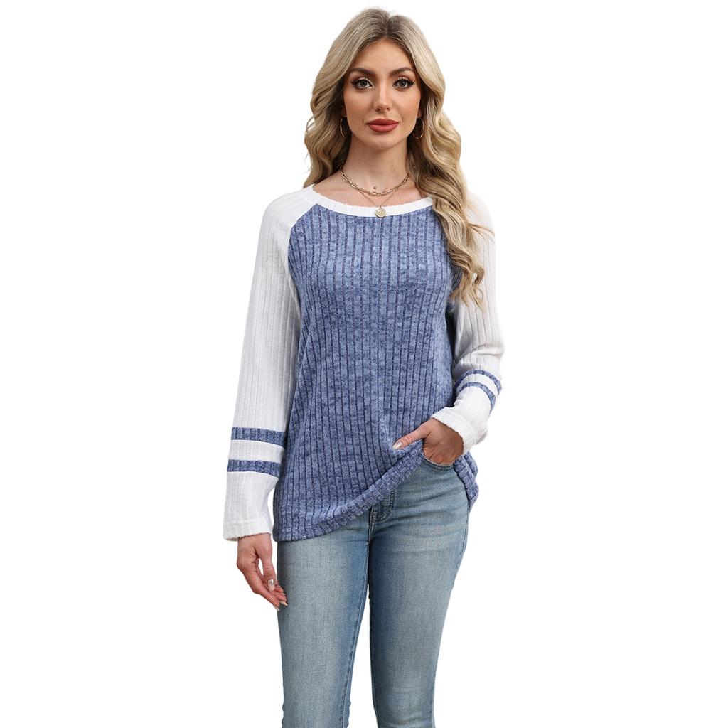 New Autumn and Winter Round-neck Off-the-shoulder Sleeve Knitted Top with Color-blocking and Patchwork Sweater