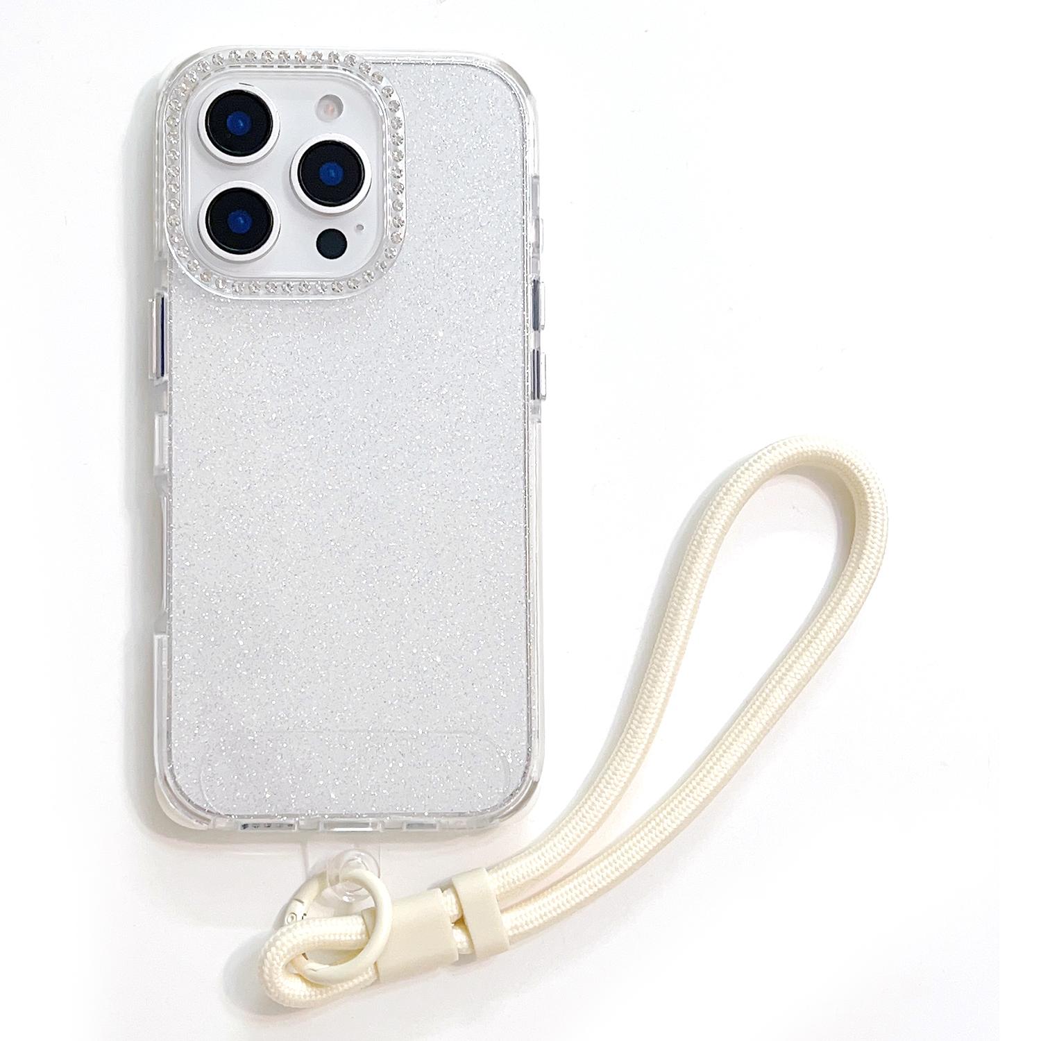 

For iPhone 16 Pro Case Rhinestone Decor Glitter TPU Anti Drop Phone Cover with Adjustable Wrist Strap C