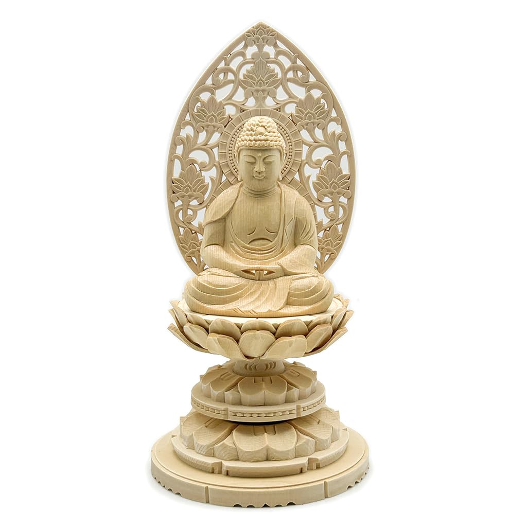 

HU Trading Amitabha Buddha Statue, Seated, 2.0 inches (total height 19 cm, width 10 cm, depth 9.5 cm), Arabesque halo, round base, made of cypress