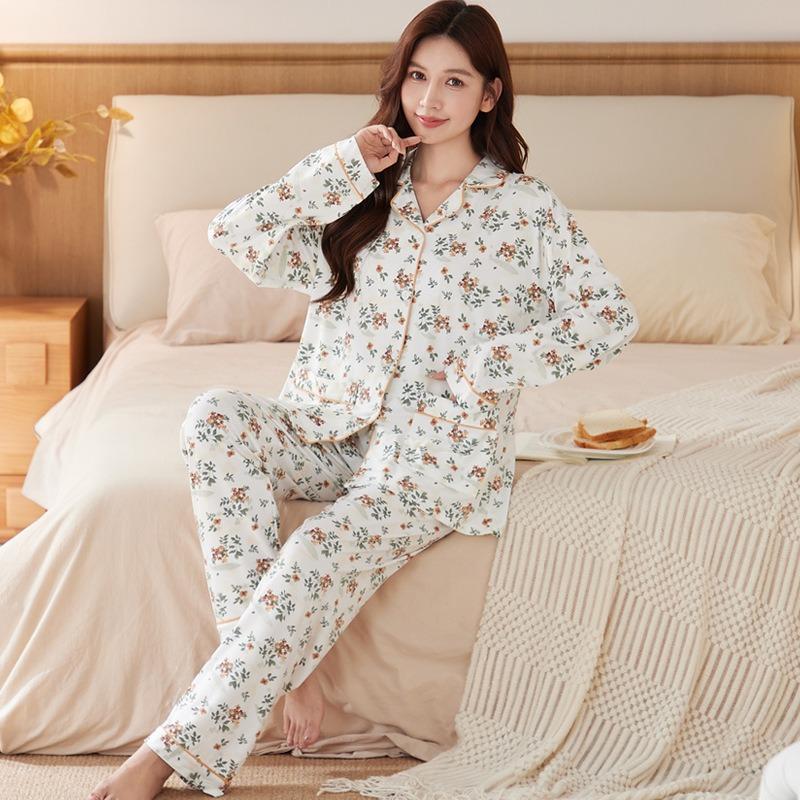 High-end Floral Temperament Loose Large-size Mother Loungewear Imitation Cotton Casual Pajamas Long-sleeved Two-piece Set