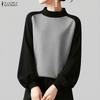ZANZEA Women Casual Round Neck Long Sleeve Splice Tee Shirts