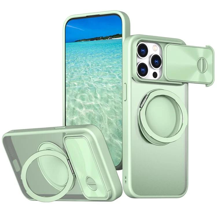 

Для iPhone 15 Pro Чехол-подставка с выдвижной крышкой объектива Жесткий чехол для телефона из ПК Совместимость с MagSafe - Светло-зеленый