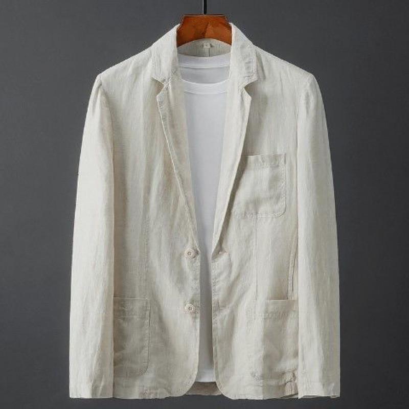 

2023 Summer Men s Slim Fit Linen Jacket: Solid Color, Breathable, Comfortable, Fashionable, Lightweight Casual Wear. M бежевый