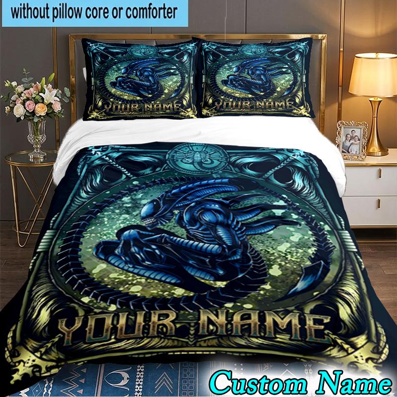 Custom Name 3PCS Alien Fire Bedding Set,Including Duvet Cover And 2pcs Pillowcases Perfect for Bedroom,Dormitory,Fan Christmas gift