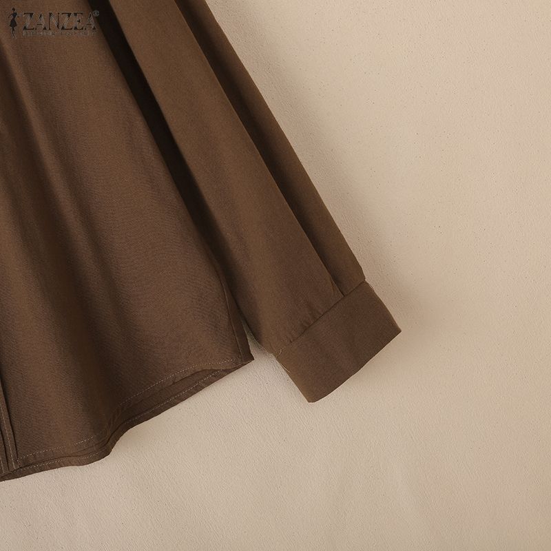 ZANZEA Bluzka damska z okrągłym dekoltem i długim rękawem w jednolitym kolorze