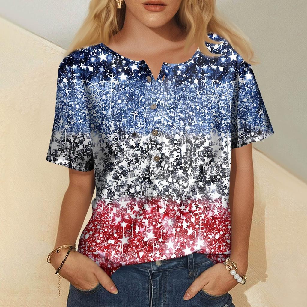 Women's Fashion Casual Short Sleeve Print Round Neck Pullover Top Blouse