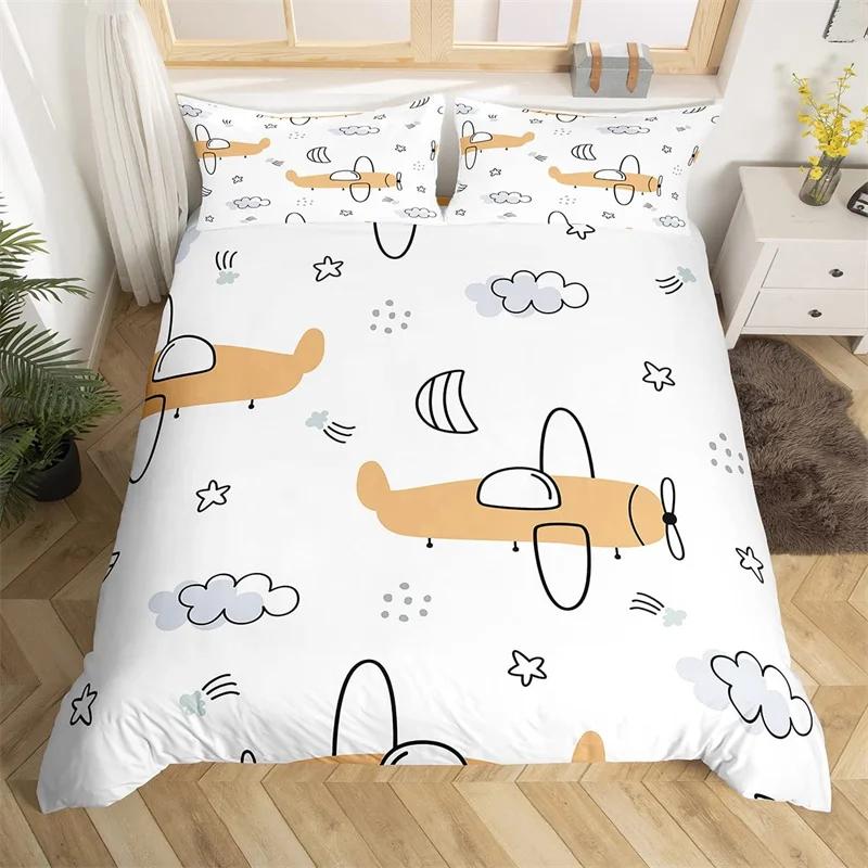 Aircraft Queen Duvet Cover Set Cartoon Airplane Bedding Set Polyester Clouds Stars Moon Print Comforter Cover For Kids Boys Room