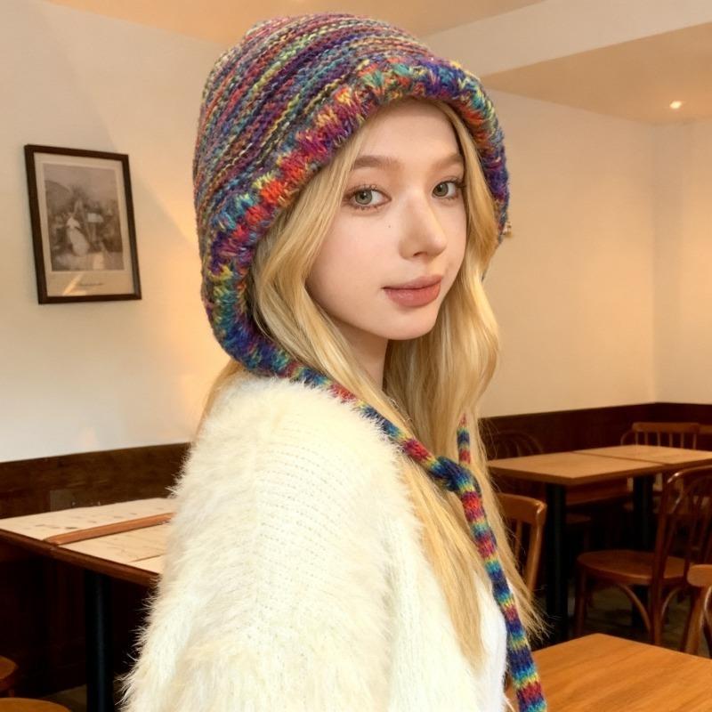 Winter Ear Protection Hat Rainbow Stripe Knitted Headgear Korean Women Fisherman Cap Girls Ski Riding Bonnet