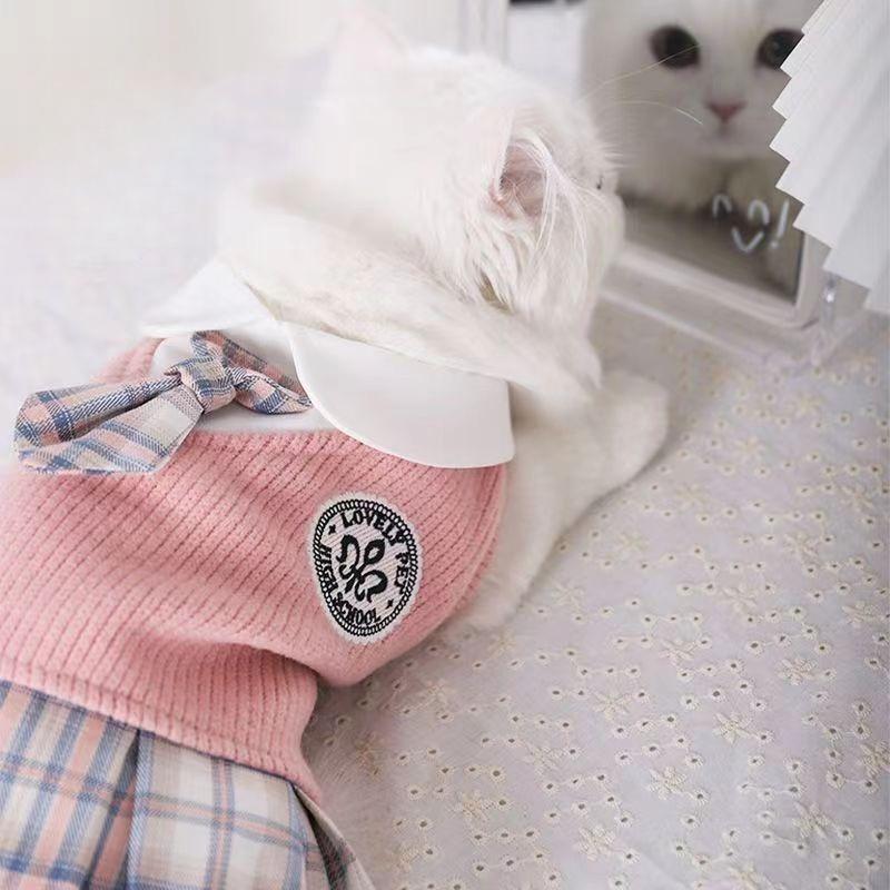 

Cat Jk Dress Baby Cat Autumn Jk Skirt Doll Kitten Pet Cute Skirt Sweater Waistcoat Thin Muppet Cat Dress Kitten Plaid Skirt S рожевий
