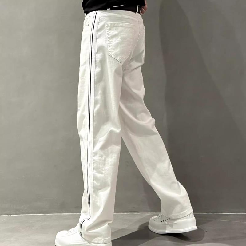 Men's Summer Wide-Leg Striped Stitching Casual White Jeans