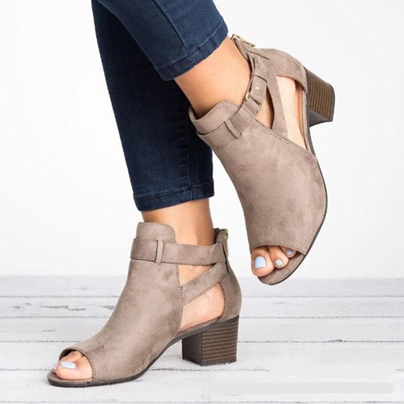Sandali da donna con tacco alto e grosso, stile gladiatore, con punta aperta, neri, con fibbia e cerniera posteriore, sandali da donna