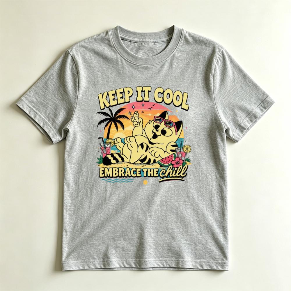 Retro Summer Cat Tee Keep It Cool Embrace The Chill Beach Vibes Vacation Cat Lover Graphic TShirt Unisex Crewneck Cotton Shirt