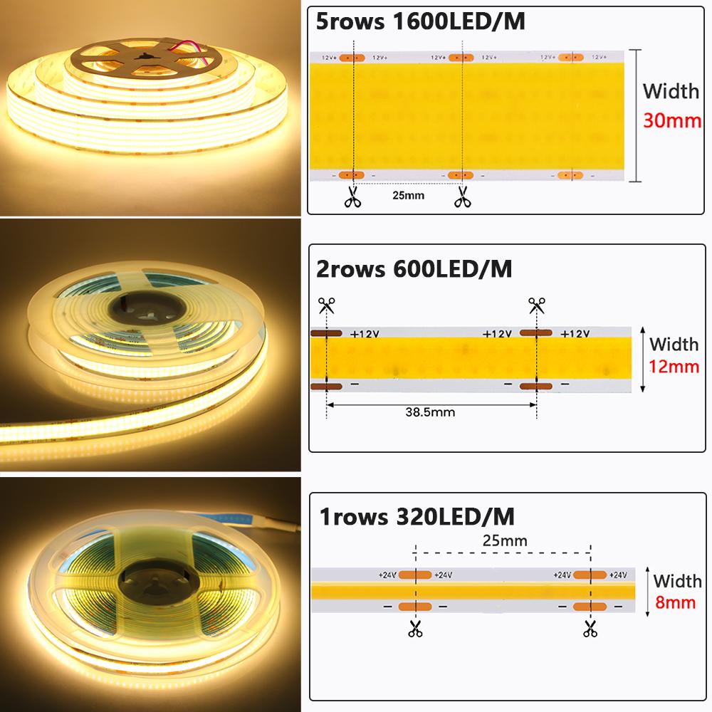 12V 24V 1 2 5 Rows COB LED Strip Light Super Bright 320 600 1600 LEDs Flexible Tape 3000K 4000K 6000K High Density Linear Lamp