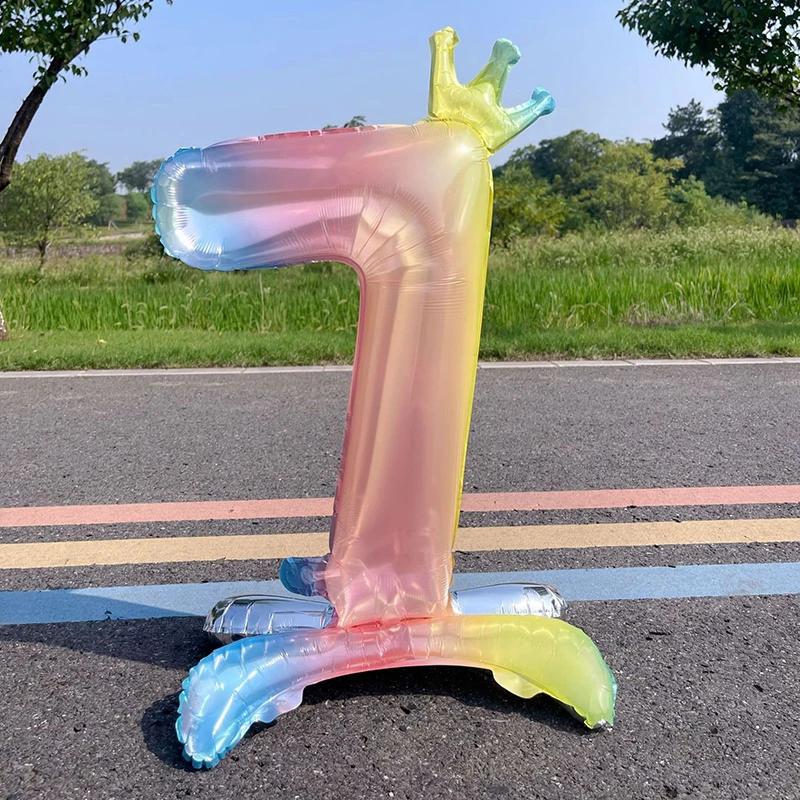 1 peça Balão Digital Arco-íris de Pé de 32 polegadas Gradiente Colorido Coroa 0-9 Balão de Folha de Alumínio Festa de Aniversário Chá de Bebê Decoração