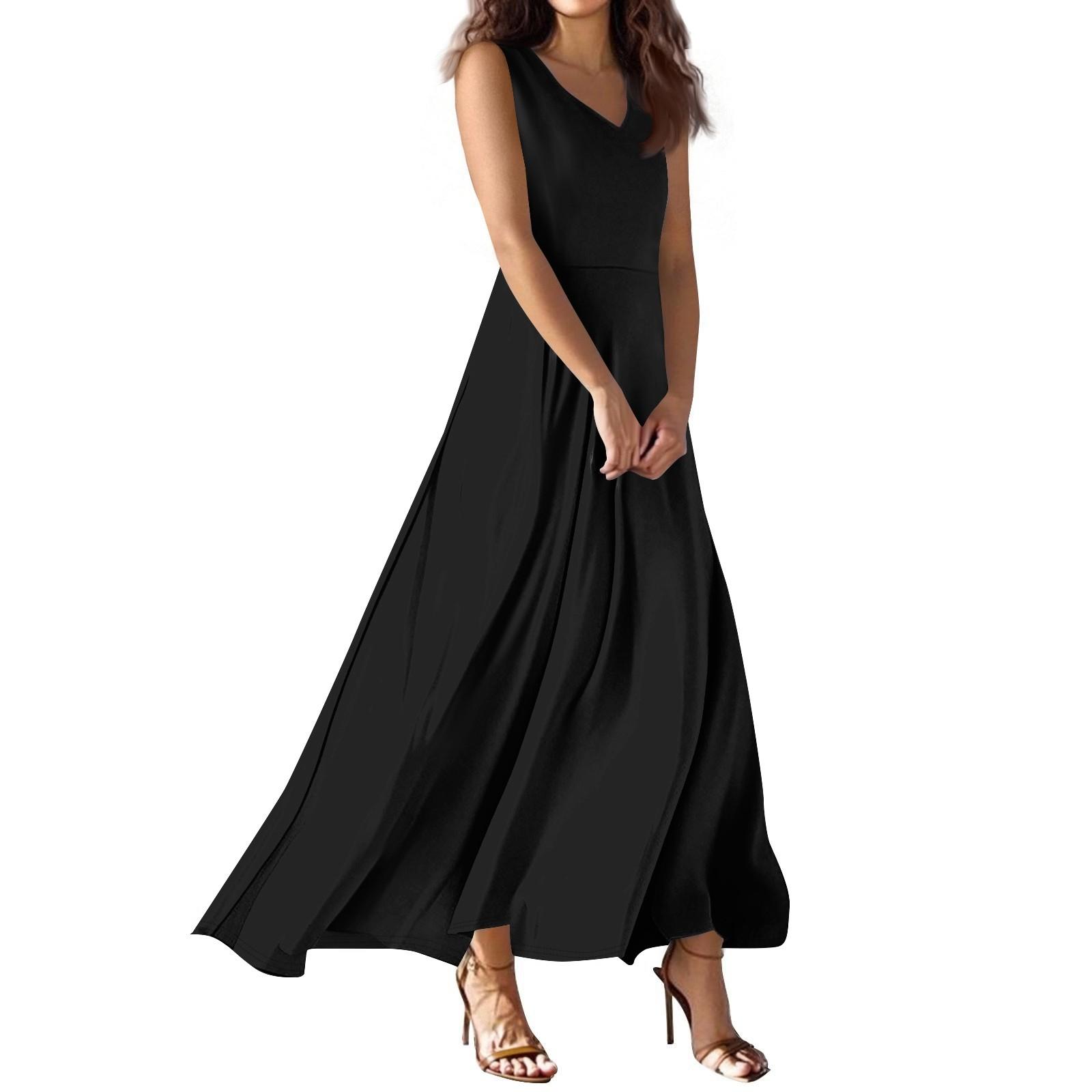 Women s Summer Casual Fashion  Dress V Neck Sleeveless Dress L чёрный