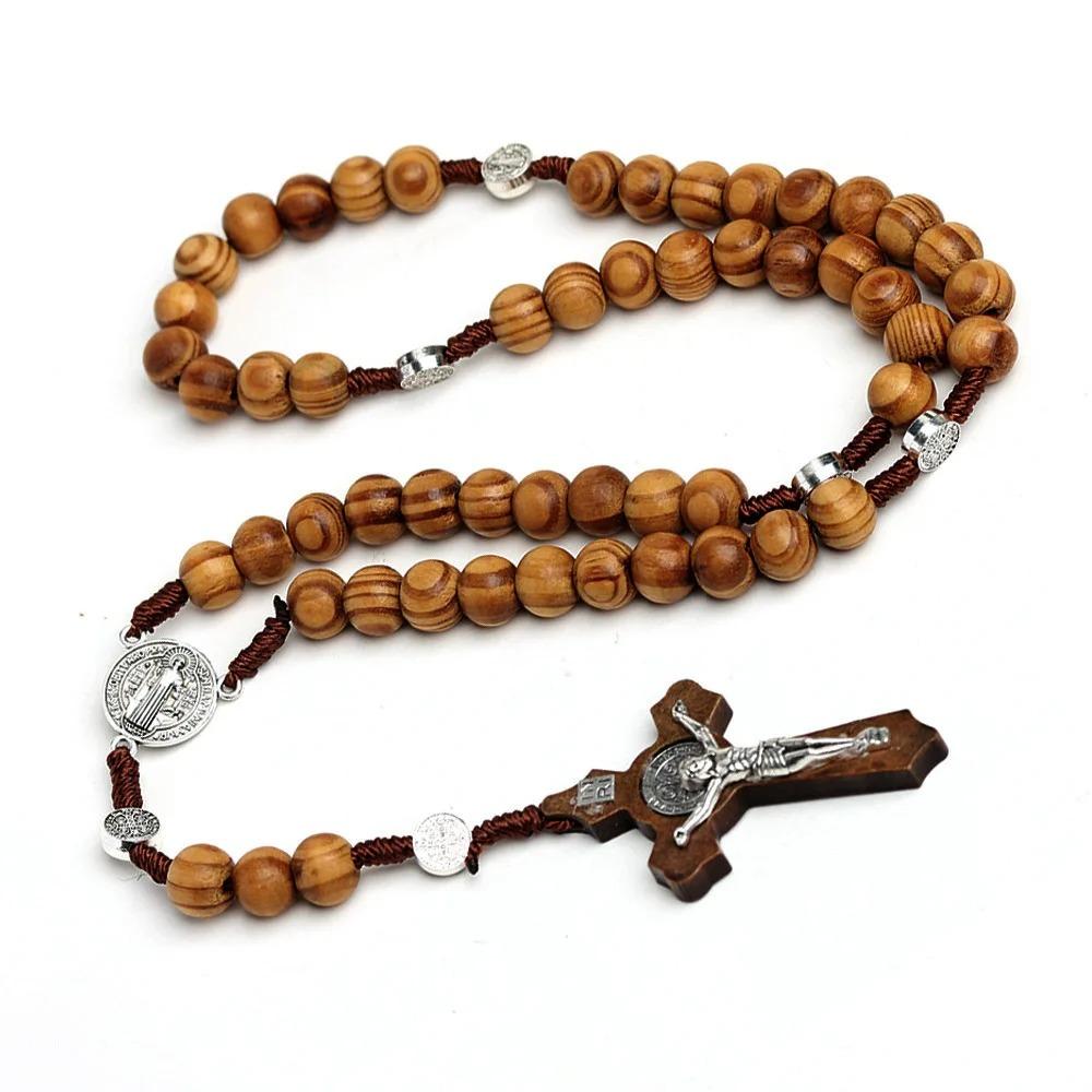 Wood Beads Rosary Cross Necklace For Women Men Christian Virgin Mary INRI Pendant Chain Fashion Religion Jewelry