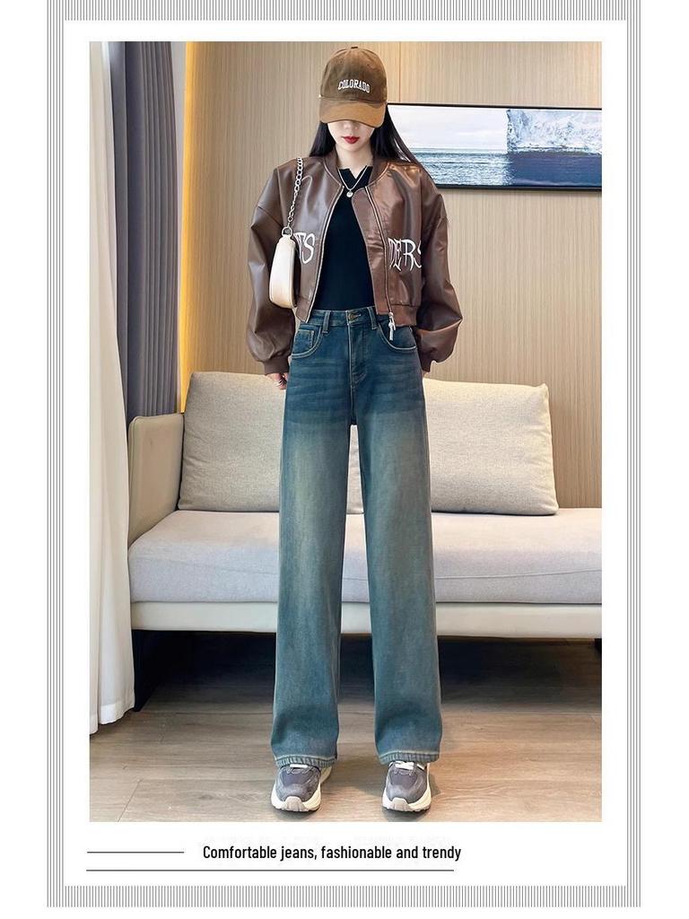 Dámské plyšové džíny s vysokým pasem a širokými nohavicemi - Zimní 2024 Retro rovné kalhoty