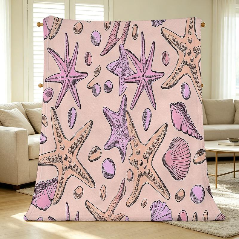 Flannel Fleece Throw Blanket Soft Cozy, Starfish Seashell Pattern, Machine Washable Warm Blanket for Home Office Napping, Christmas Halloween Decor