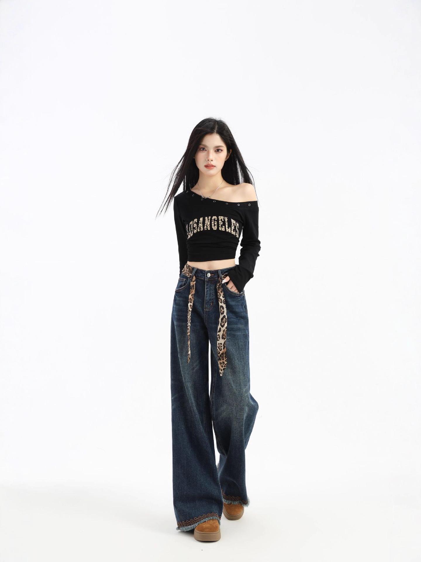 

Women s Leopard Belt Wide-Leg Jeans: Slimming, Versatile, Floor-Length 27 глубокий/синий