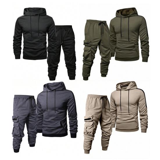 2 Stuks/Set Heren Trainingspak Capuchon Trekkoord Lange Mouw Sweatshirt Multi Zakken Joggingbroek Set Geribde Manchetten Joggingpak