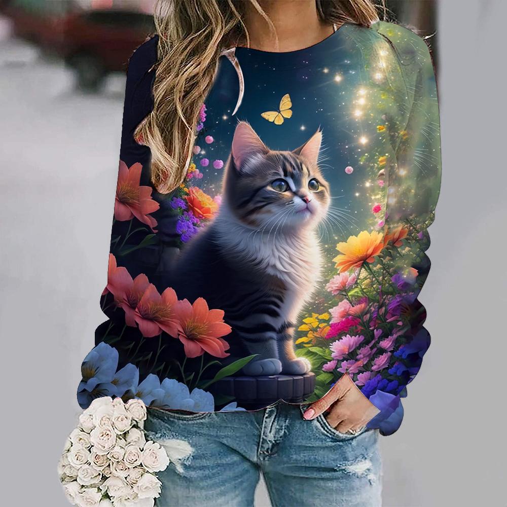 

Cute Cat and Floral T-Shirt Women s Casual Long Sleeve Top Y2K Street Style XL