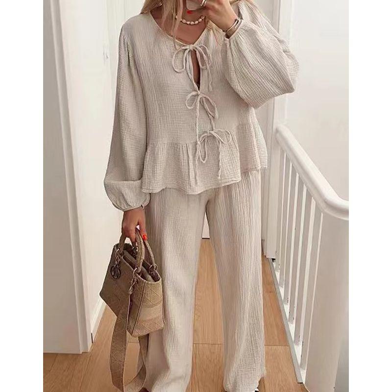 European and American New Fashion Lantern Sleeve Lace-up Top Trousers Set Lace up Top and Pants Set