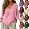 Dame Løstsiddende V-hals Linned Bomuld Afslappet Top Afslappet Pullover Bluse med 3/4 Ærmer til Hverdagsbrug