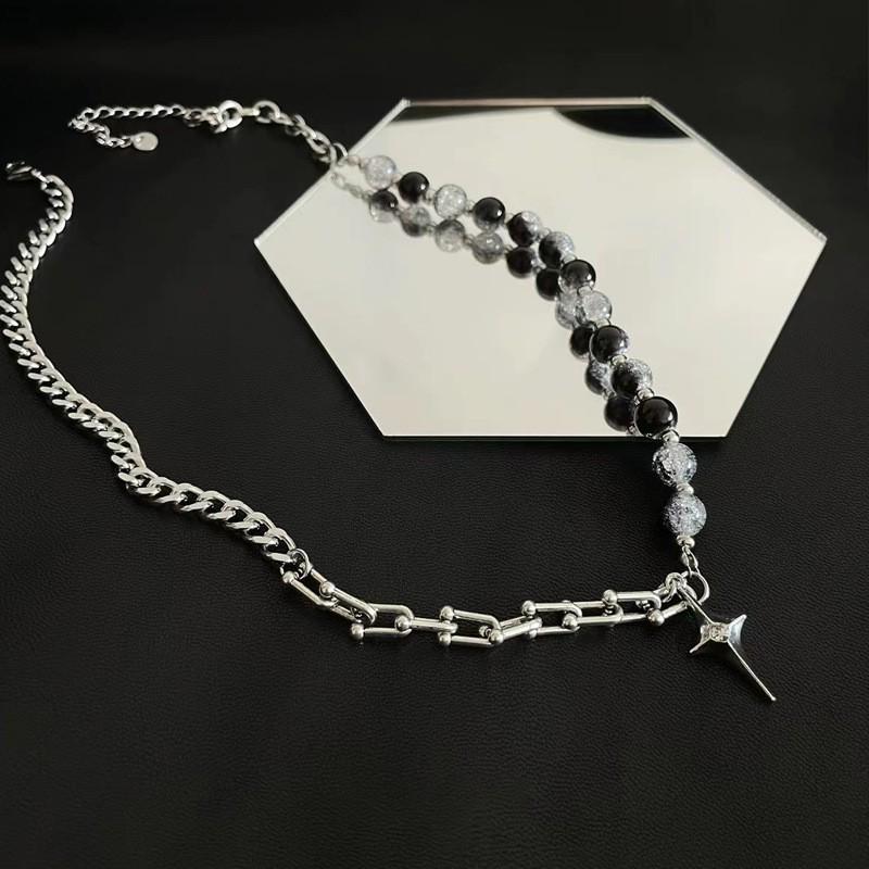 Unisex Hip-Hop Clavicle Necklace with Creative Glass Beads & Four-Pointed Star Pendant