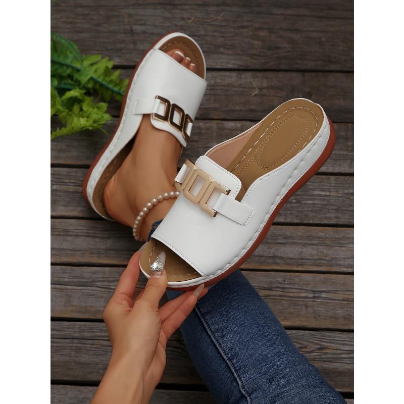 Women's Plus Size Platform Slide Sandals, Metallic Buckle Chunky Heel Summer Shoes