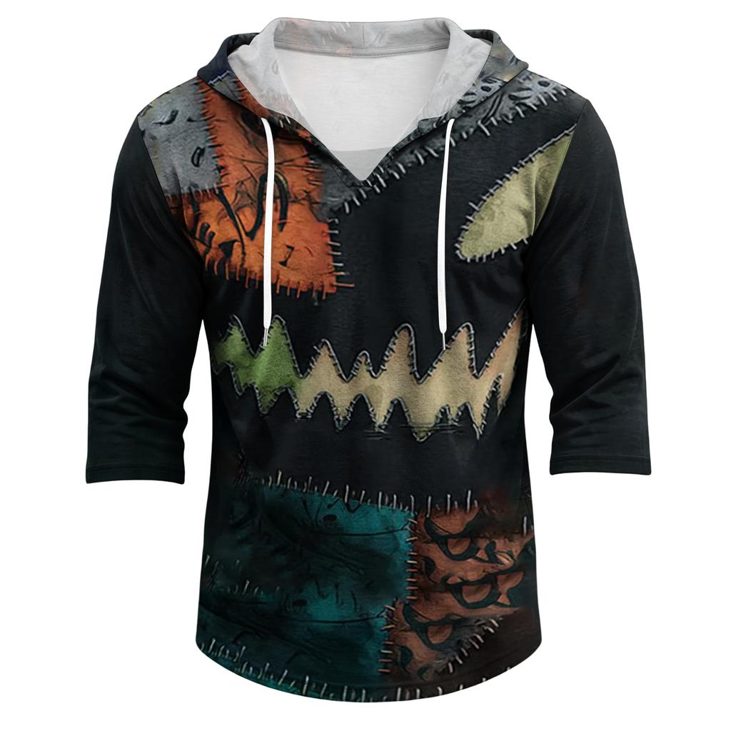 Men's Loose Fit Hooded Three-Quarter Sleeve Halloween Print Pullover