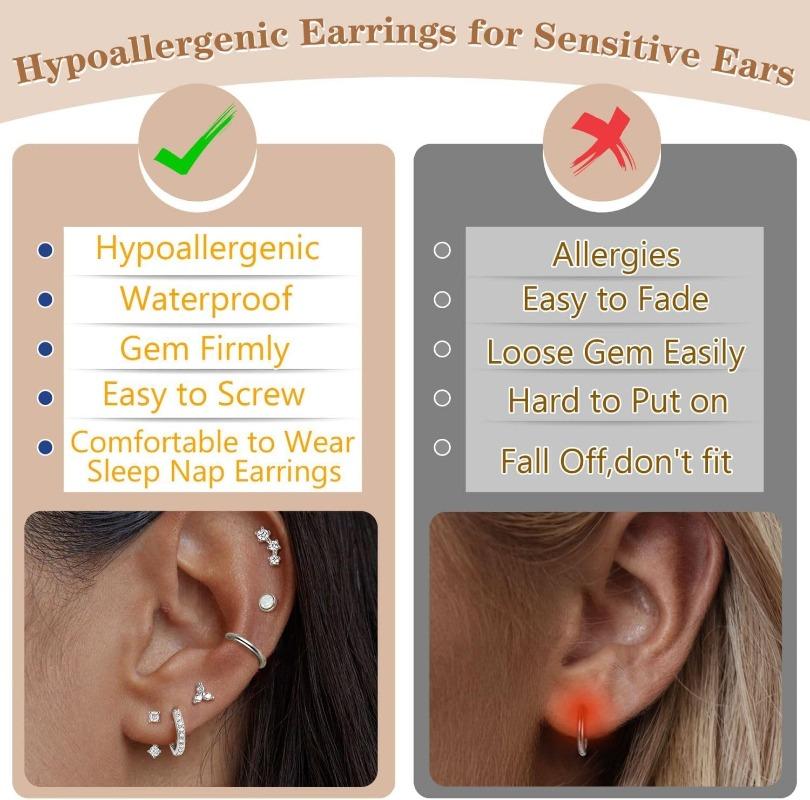 10 Pairs Hypoallergenic Flat Back Earrings for Women 18K Gold 20G Surgical Stainless Steel Cartilage Multiple Piercing Earrings