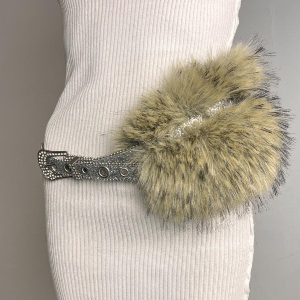 Spicy Girl Style Leather Fur Belt Rhinestone Plush Waist Belt Furry Waistband  Female/Girls