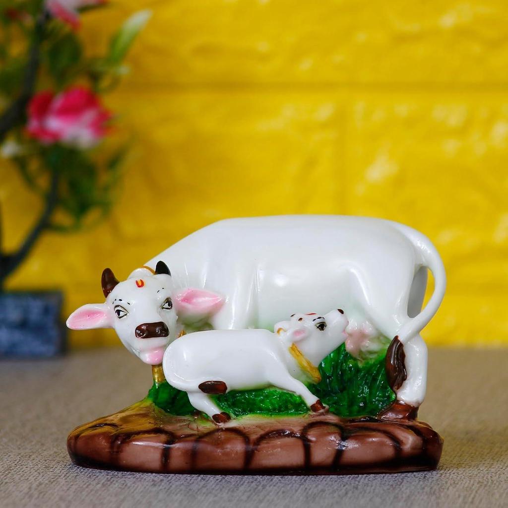 Colorful Cow and Calf Statue Polyresin Statue (12.5 Cm X 7.5 Cm X 7.5 Cm, White and Green)