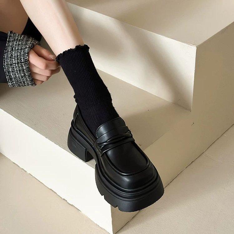 Black thick-soled new heightened soft-soled single shoes retro British style JK small leather shoes