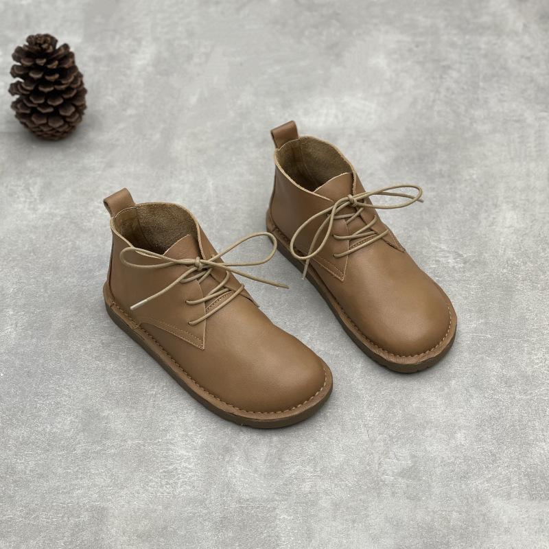 Johnature Handmade Genuine Leather Ankle Boots Casual Soft Cowhide Round Toe Lace Up Flat Women's Shoes