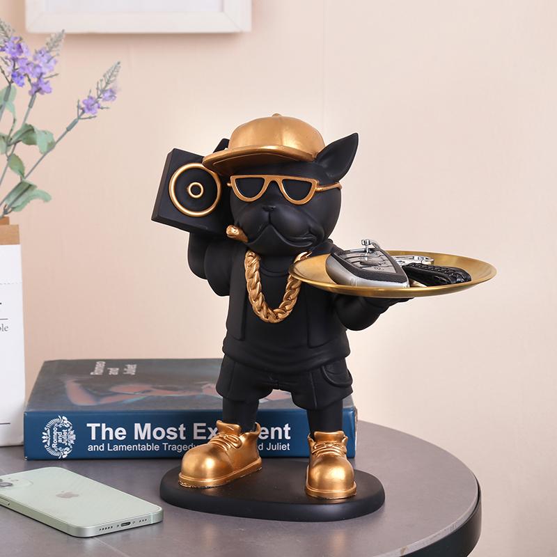 Severská domácí dekorace Hip-hop soška francouzského buldoka s táckem Úložný prostor Stolní dekorace Cool figurka psa Zvířecí socha Interiérové ozdoby